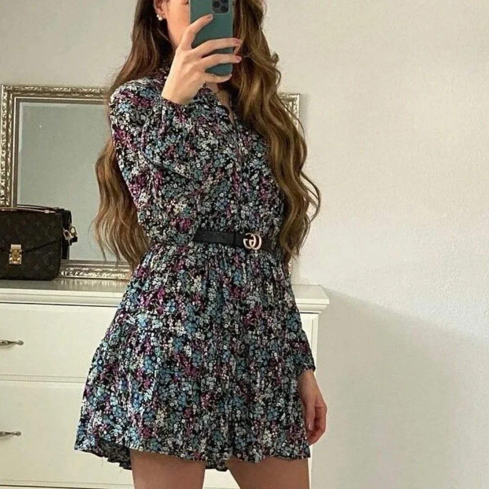 Zara Ditsy Floral Long Sleeve Babydoll Shirt Dress Size  Large - Picture 2 of 8
